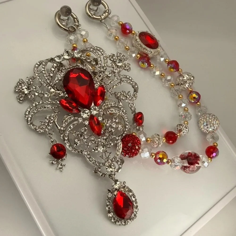 Red Silver Big Brooch Bag Charm Crystal Beaded Purse‎ Charm Rhinestone Keychain